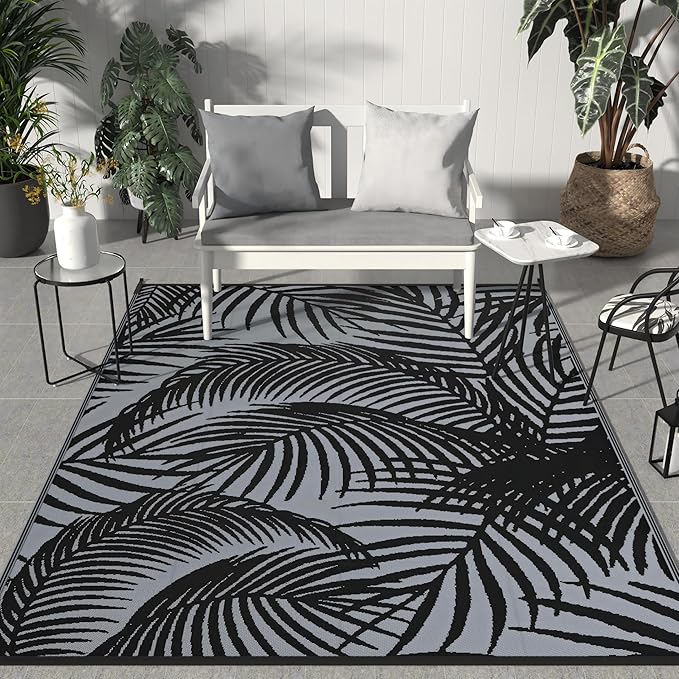 GENIMO Outdoor Rug 8' x 10' Waterproof for Patio Clearance, Reversible Lightweight Plastic Straw Camping Carpet, Large Area Rugs Mats for Rv, Porch, Backyard, Deck, Picnic, Balcony, Mix-Black & Gray