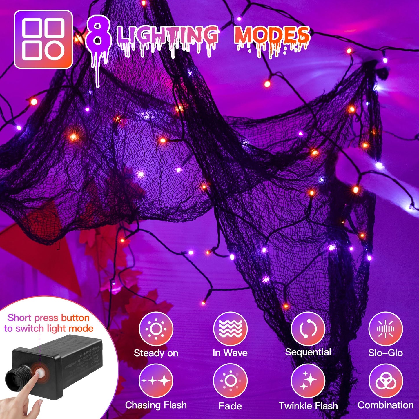 Guhope 33Ft 100 Led Halloween Lights  Orange + Purple Halloween Lights Outdoor With 8 Lighting Modes  Waterproof String Lights For Halloween Christmas Outdoor Party Yard Garden Decoration