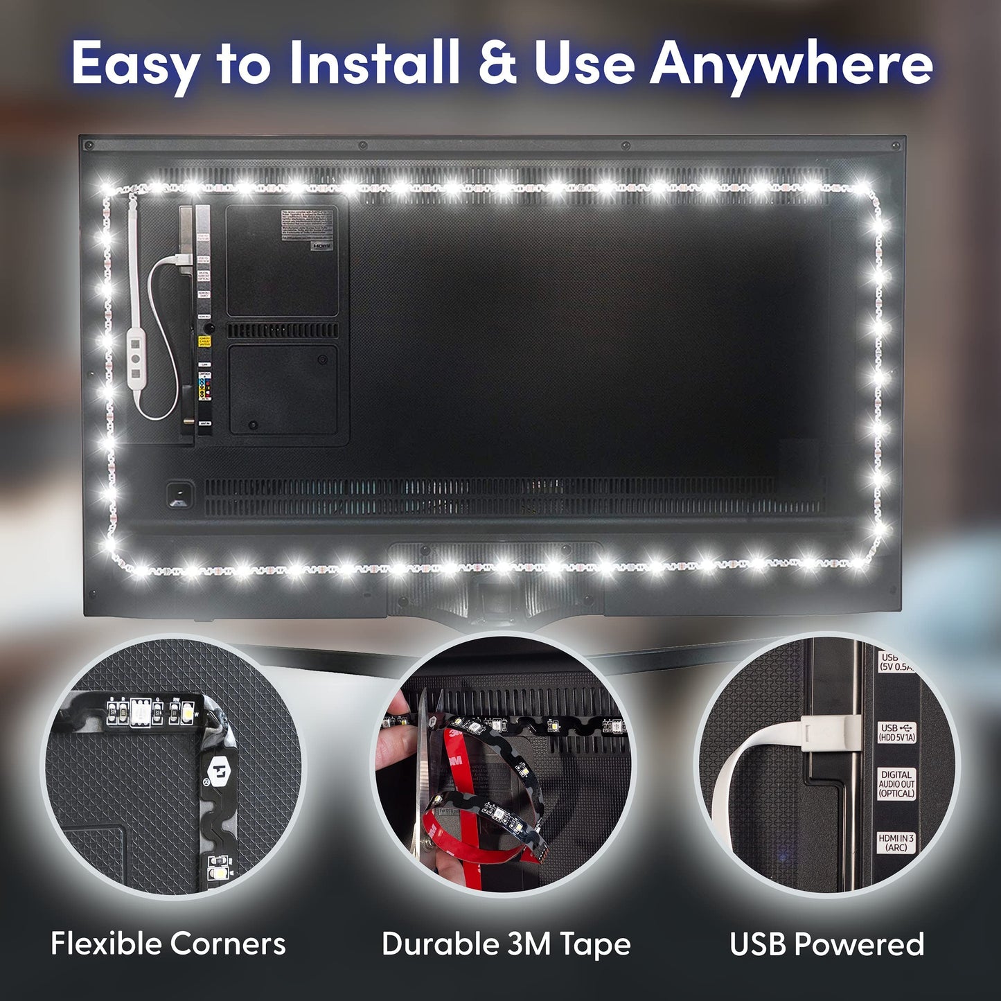 Power Practical Led Lights For Tv Backlight - Luminoodle  Usb Powered Tv Led Light Strip W/ Bias Ambient Lighting For Home Theater - True White - Size (24-29  Tv)