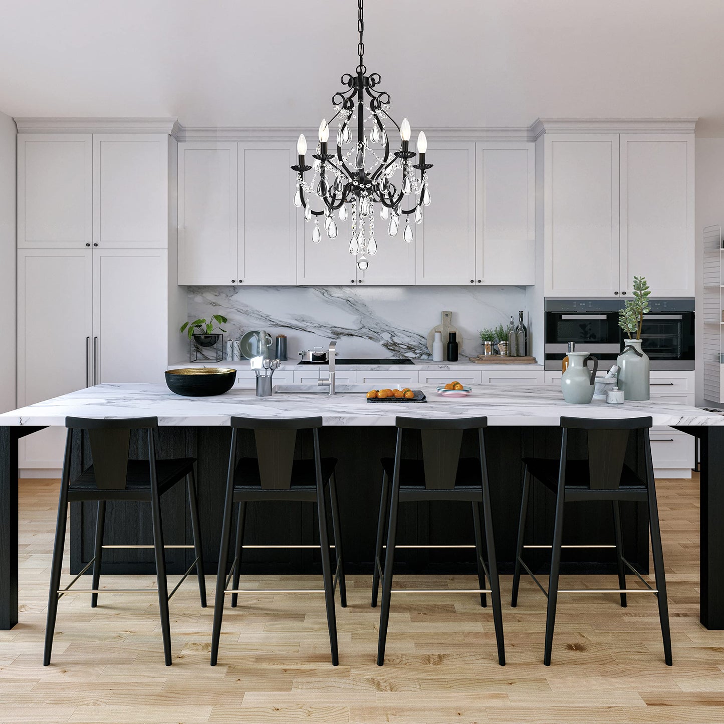 Edvivi Amorette Crystal Chandelier 5 Lights, Black Metal, Teardrop Crystals, Adjustable Ceiling Light For Foyer, Dining Room, Bedroom