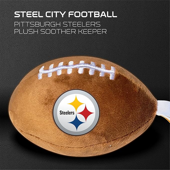 Pittsburgh Steelers Plush Football Pacifier Holder by Smilo - Officially Licensed NFL Soother Holder - Soft Plush Toy and Dummy Holder - Fits Any Pacifier - Stroller Accessory & Newborn Essential