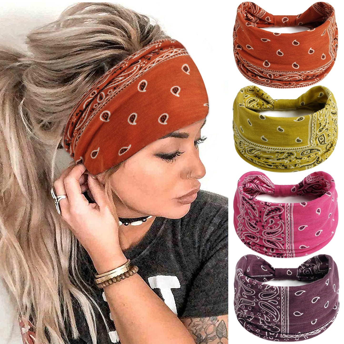 FULZTEY Boho Headbands for Women Fashion Cashew Head Bands Knot Wide Headwrap African Bandanas Turban Stretch Fabric Cotton Yoga