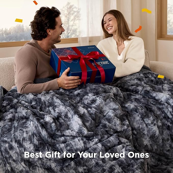 Bedsure Faux Fur Heated Blanket Twin Size, Fast Heating Electric Blanket Twin Size with 6 Heating Levels & 10 Time Settings, Cozy Gifts for Women Men (62x84 inches, Black)