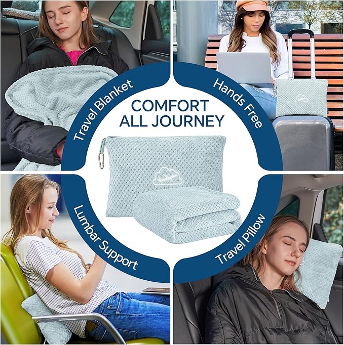 BEDELITE Travel Blanket Airplane Compact with Bag, Portable and Packable 2 in 1 Jacquard Travel Pillow and Blanket Set, Airplane Blanket Travel Essentials with Luggage Sleeve & Backpack Clip, Blue
