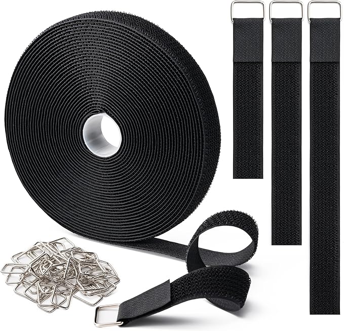 1" x16Ft Hook and Loop Straps with 25 Metal Buckles, Adjustable Fastening Cable Straps, Free Cut Length, Reusable Nylon Ca...