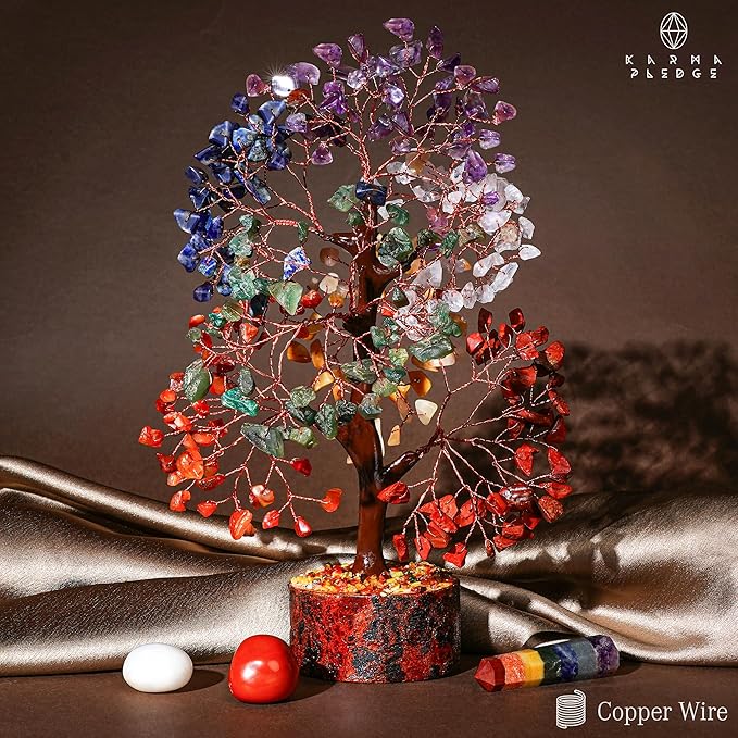KARMAPLEDGE 7 Chakra Healing Crystal Tree of Life with Manifestation Card, Handmade Copper Wire Crystal Tree for Good Luck, Positive Energy, Wealth, Reiki Healing, and Decor, Gift for Women and Mom