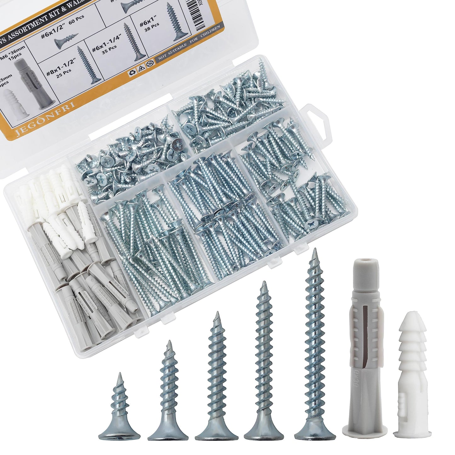 JEGONFRI High Hardness Wood Screws Assortment Kit and Plastic Wall Anchors, 203 pcs 1/2" to 1-1/2" Phillips Drive Flat Head Screws & 30 pcs M6 Drywall Anchors