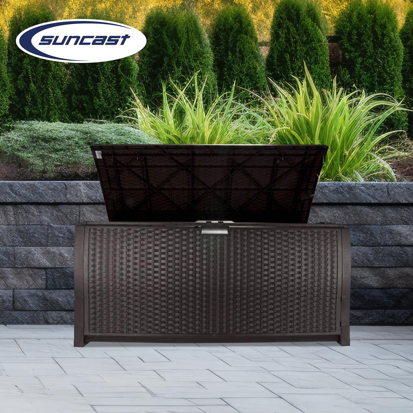 Suncast 99 Gallon Plastic Wicker Deck Box Container Storage for Garden, Garage, Home, Pool, Indoor and Outdoor Use, Mocha (2 Pack)