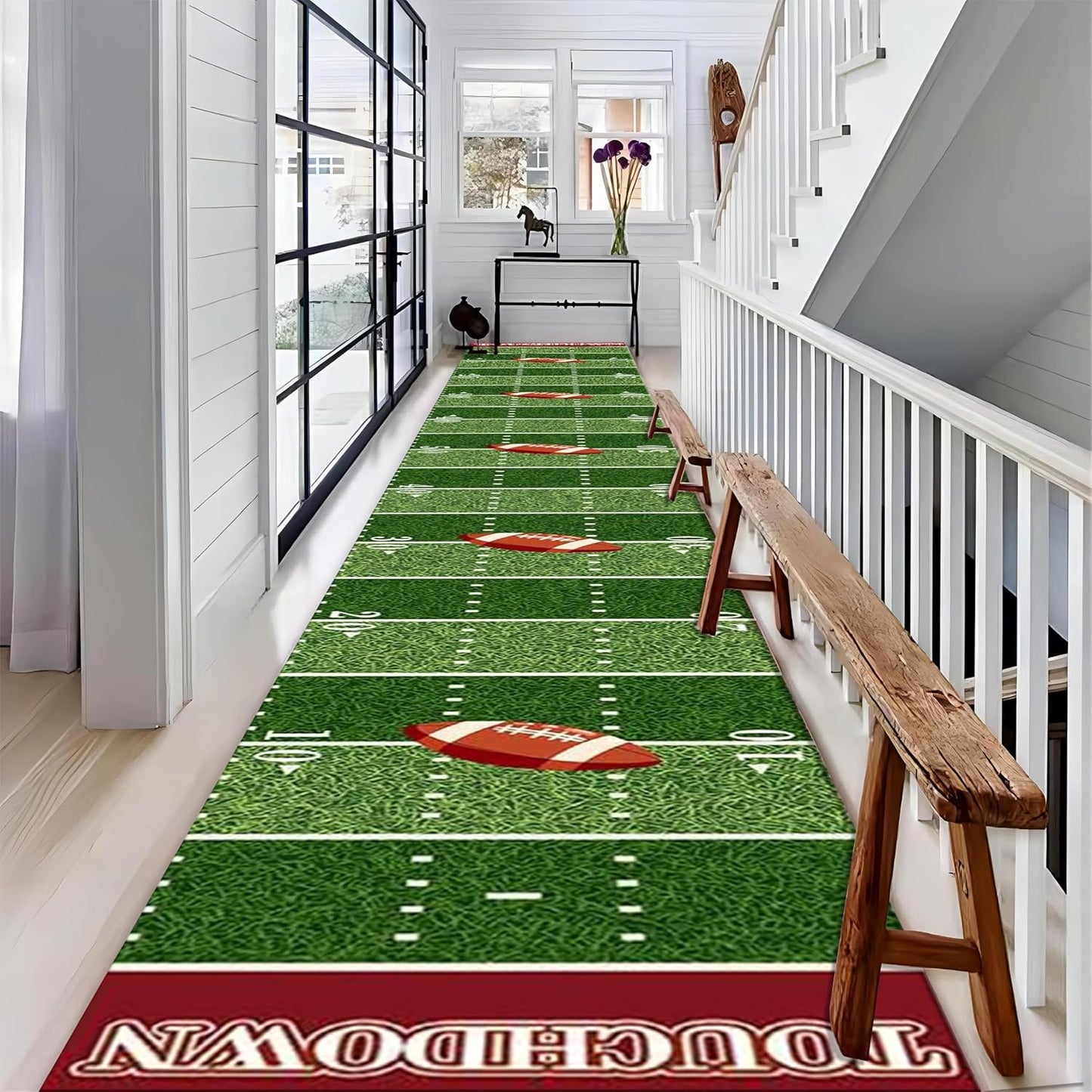 Rugby Runner Carpet, 3.3x10ft, American Football Touchdown Indoor Rugs, Machine Washable Durable High Traffic Rug, with Non Slip Backing Absorbent Carpets for Entryway Living Room