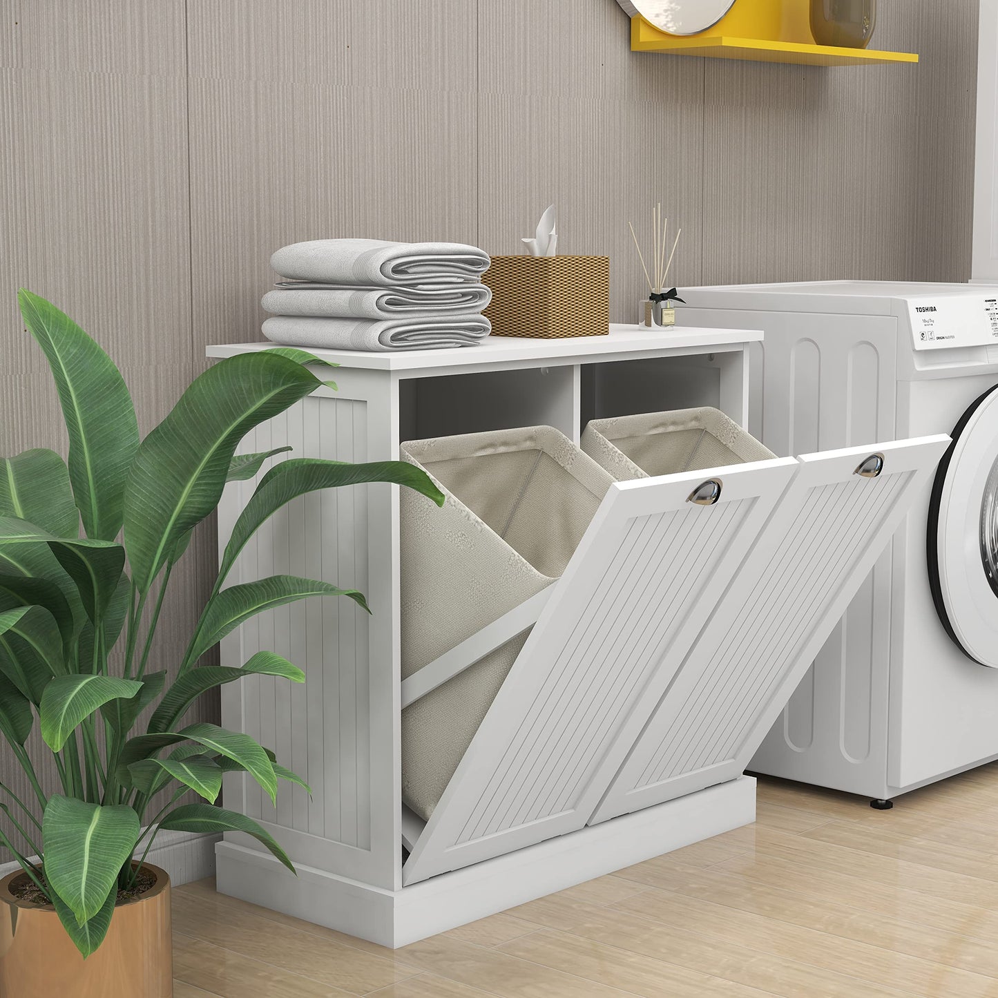 Leamoo 32.68" W x 14.57" D x 31.5" H Two-Compartment Tilt-Out Laundry Sorter Cabinet White MDF