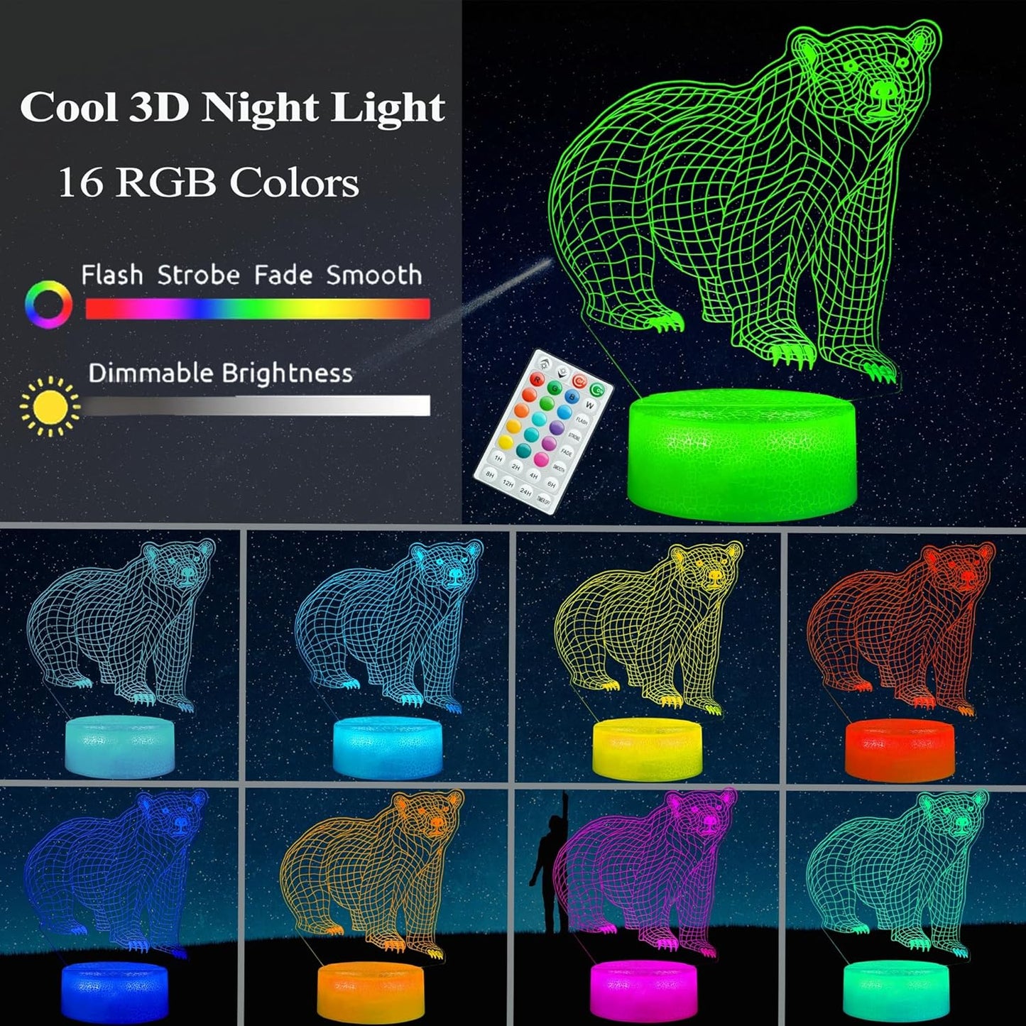 Polar Bear Night Light, 3D Illusion Lamp, RGB16 Colors Changing, Remote Control, Dimmable, Kids Room Decoration, Xmas Bear Gifts