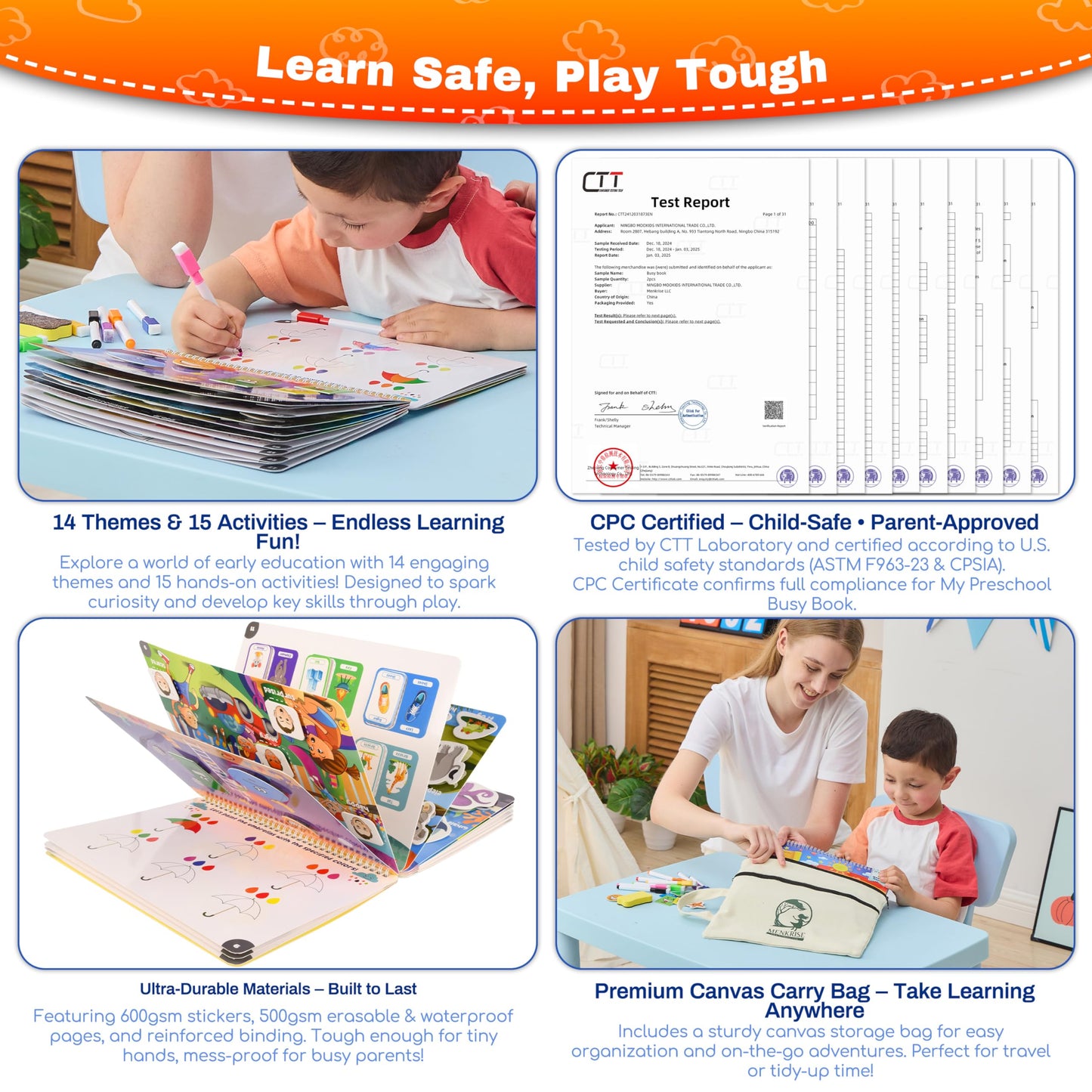 MENKRISE Montessori Busy Book for Toddlers 3–5 | Preschool Learning Activities | Educational Toddler Book with 14 Themes, 15 Drawing Pages & Guided Stickers | Fine Motor Skills Toy & Travel Activity