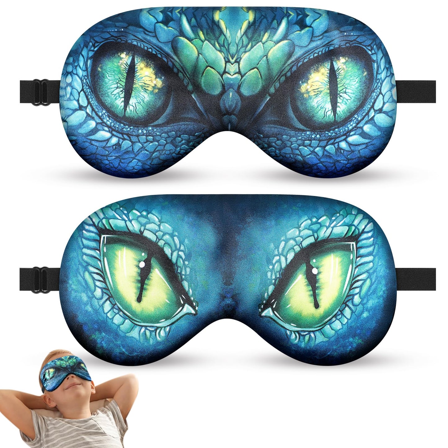 2 Pcs Sleep Mask for Kids Boys, Silk Eye Covers for Sleeping, Adjustable Strap & Light Blocking Design, Adult Children's Bedtime Blindfold for Travel and Home Use (Green Dinosaur Eyes)