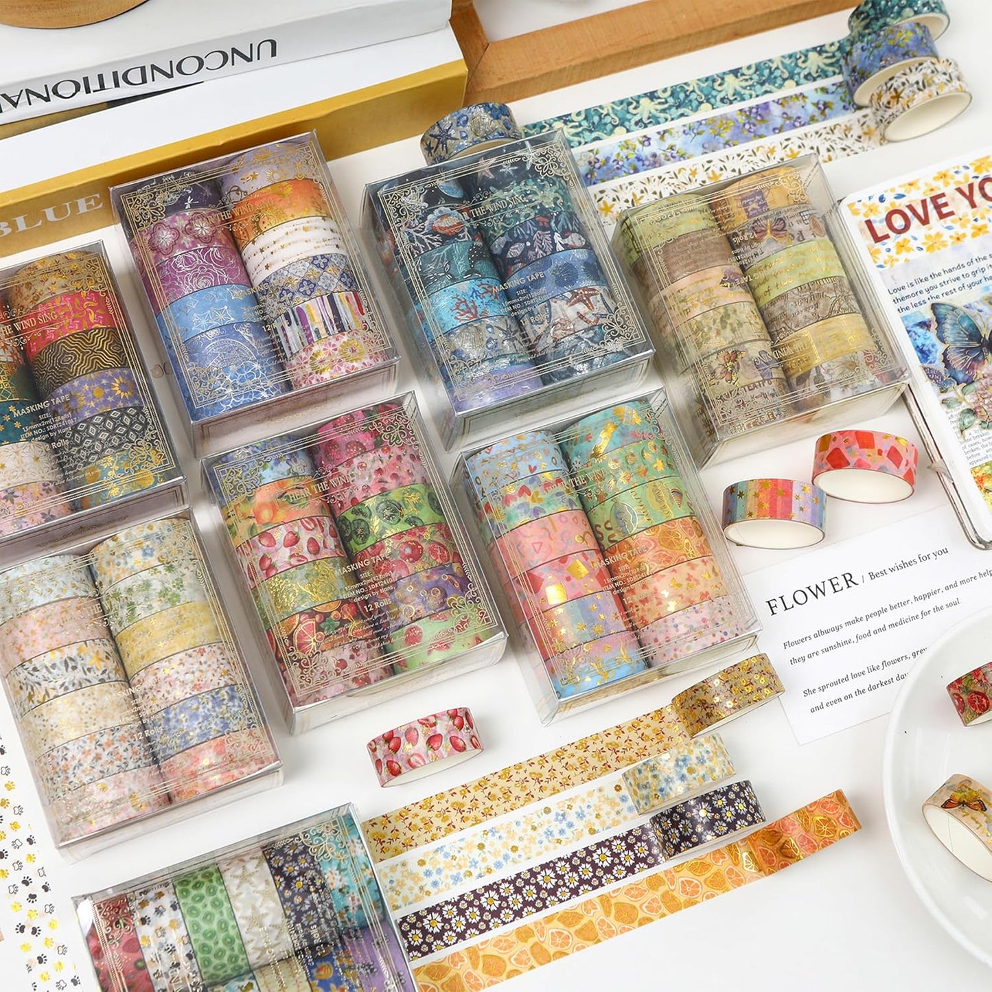 12 Rolls Charming Washi Tape Set Gold Silver Foil Detailing Arts Adhesive Tapes Basic Patterns Decorative Masking Tape Sets for Craft, Kids, Scrapbook, DIY, Gift Wrapping (Spring Bloom)