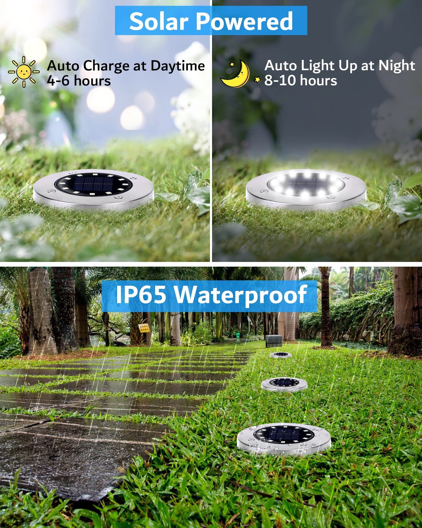 Biling Solar Ground Lights, 12 Pack, Waterproof Flat Pathway Lights, 12 LEDs, White, Stainless Steel