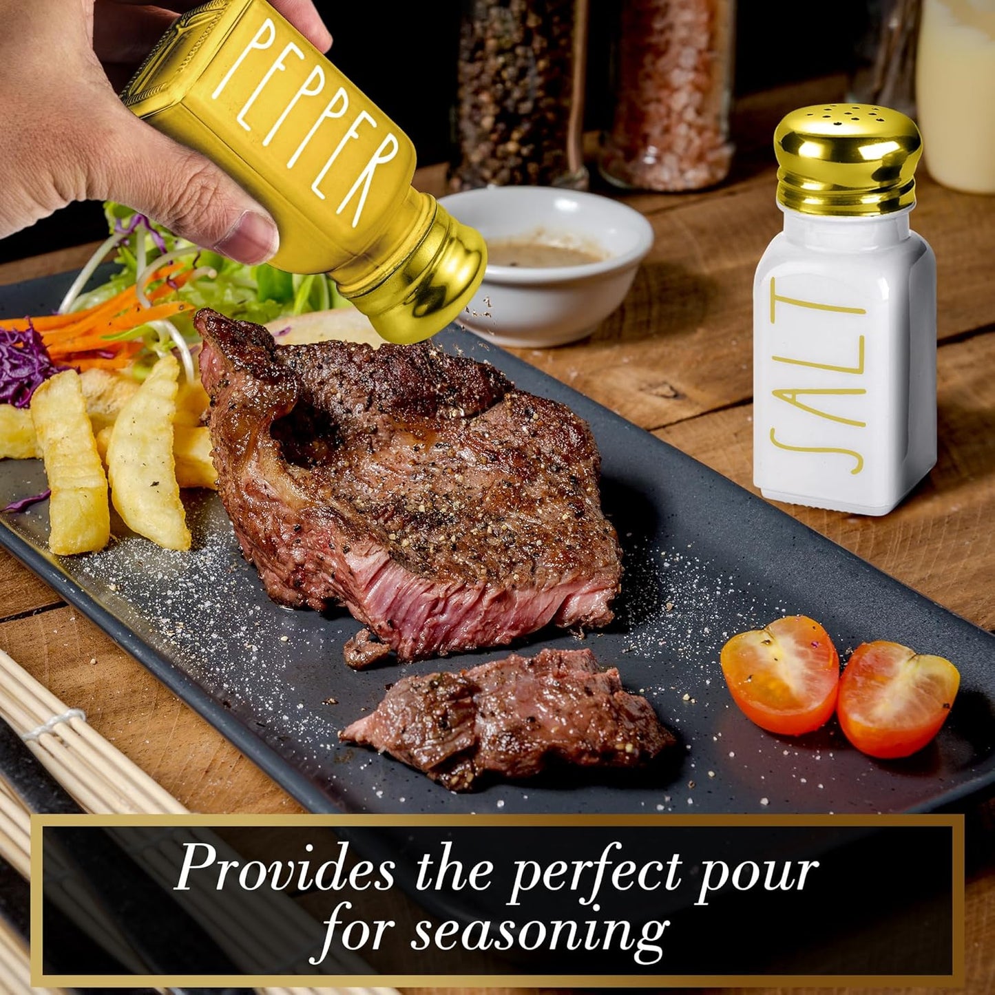 Farmhouse Gold Salt and Pepper Shakers Set by Brighter Barns - Glass Shakers & Stainless Steel Lid - Modern Farmhouse Decor for Restaurant, Airbnb, Wedding, Gifts - Luxury Kitchen Accessories (Gold)