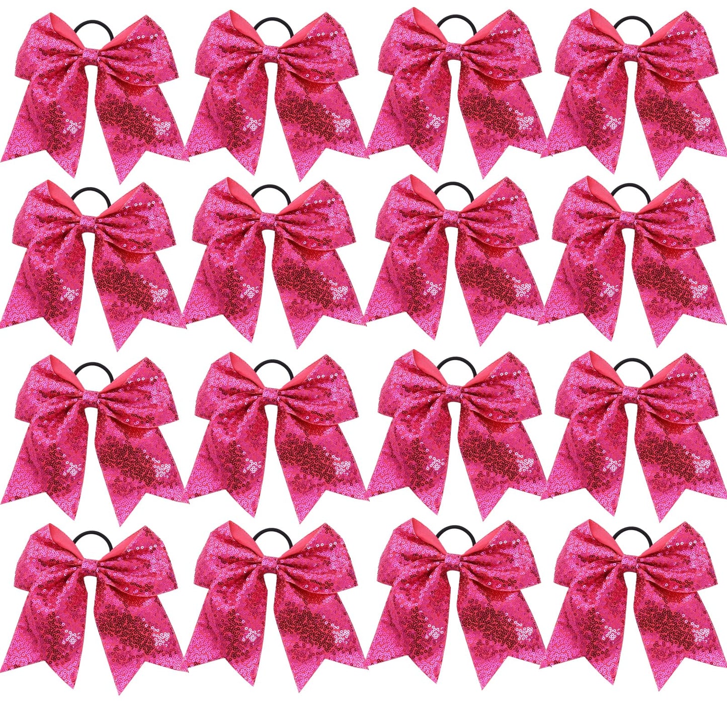 16 PCS Large Glitter Hot Pink Cheer Hair Bows, Shiny Cheerleading Bows Ponytail Holder for Cheerleader Girls Softball Sports and