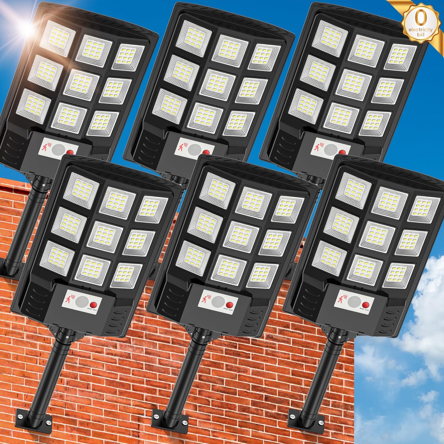 Vipzon Solar Street Lights - 6500K LED, Waterproof, 260° Flood Light, Motion Sensor, Remote Control, 1500W (6-Pack), Black