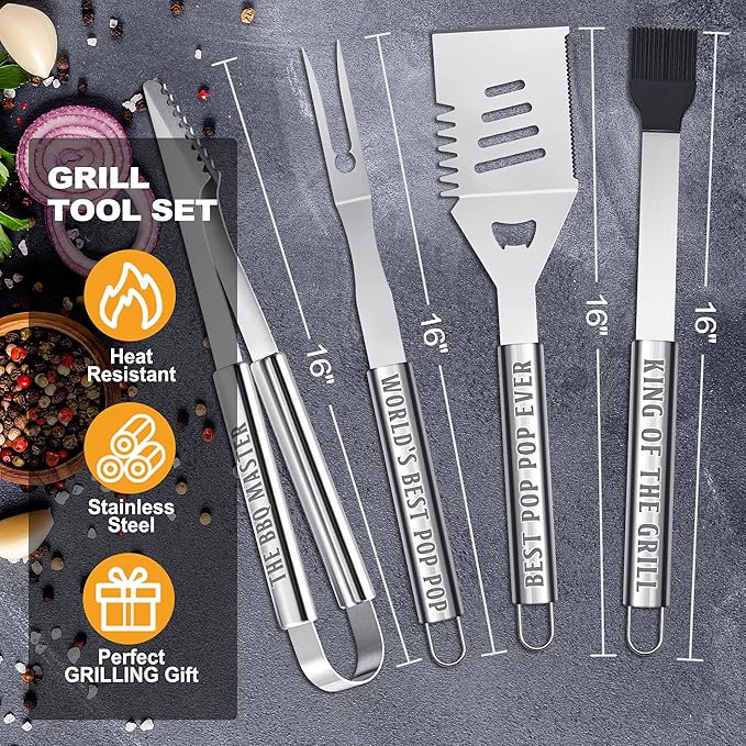 Pop Pop Gifts from Grandkids, Gifts for Poppop Grandparents Day, Grilling Accessories, Heavy Duty Stainless Steel Grill Set BBQ Grill Tools for Outdoor Grill with Aluminum Case, Grill Utensils Set