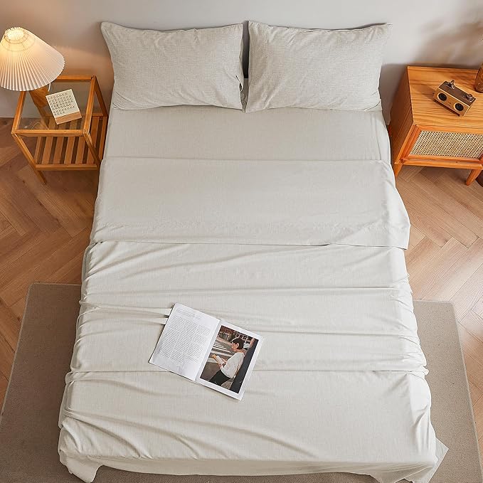 Twin Sheets Khaki, Ultral Soft Cationic Linen Look Sheets, Luxury Cooling Cozy Bed Sheet Set with Non-Slip Fitted Sheet
