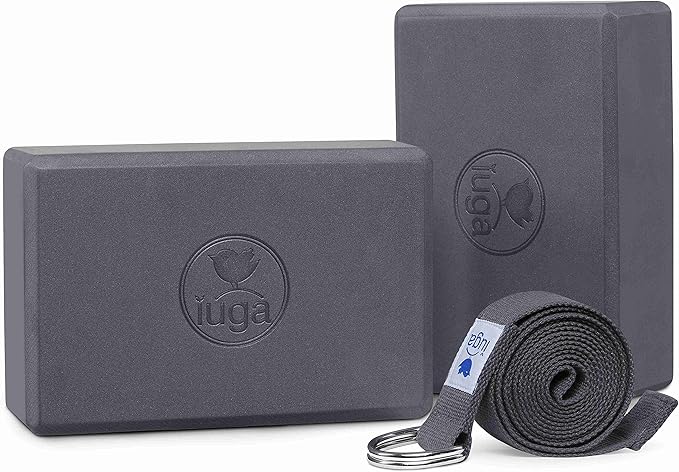 IUGA Yoga Blocks 2 Pack With Strap Non Slip High Density 9"x6"x3" Solid & Cork Yoga Block With Yoga Strap to Improve Stren...