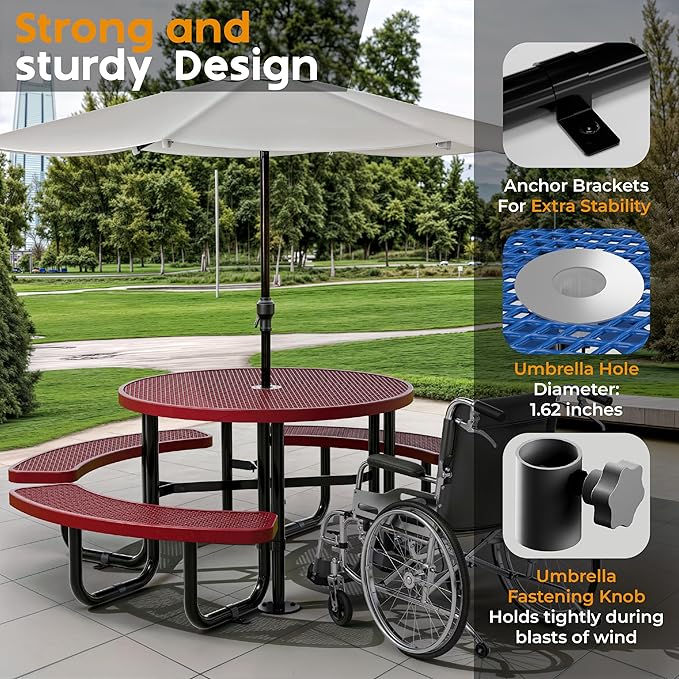 Metal Picnic Tables for Outdoors with Umbrella Hole - Coated Steel Heavy Duty Commercial Grade Table with Adjustable Seats (Red, 46 in, Round, Expanded Steel)