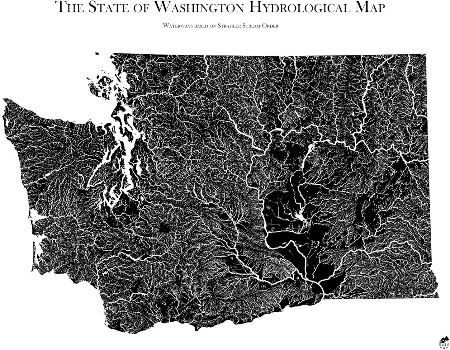 Muir Way Hydrological River Map of Washington - Watershed Topographic Wall Art for Home, Office, or Travel Decor - Unframed Flat Paper Print, 18x24