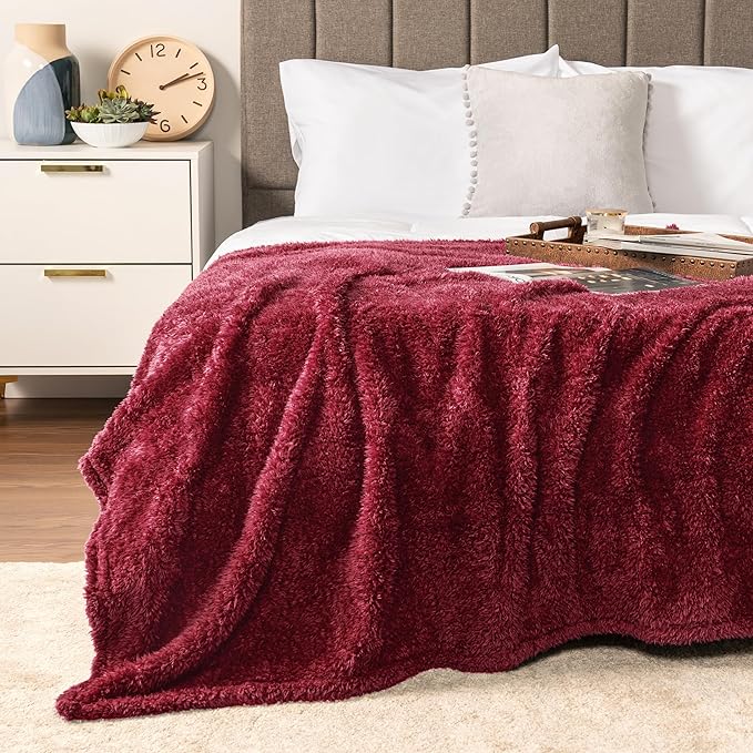 PAVILIA Sherpa Throw Blanket for Couch Sofa, Wine Red Fluffy Warm Plush Blanket for Bed, Cozy Super Soft Lightweight Throw, Fuzzy Decorative Blanket, All Season Home, 50x60