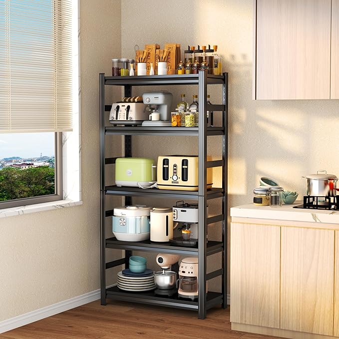 Kitchen Shelves Heavy Duty 5-Tier Storage Shelving, Adjustable Metal Pantry Shelf, 3000 LBS Capacity, Free Standing Kitchen Shelf Organizer, 72" H x 35.4" W x 15.8" D, Black