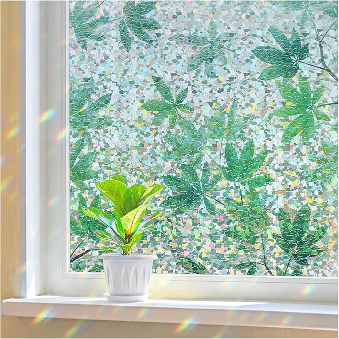 Haton Window Privacy Film, Rainbow Decorative Film, Stained Glass Window Clings, Static Cling UV Blocking Heat Control Tint Sticker for Home Door, Leaf Rainbow, 17.5" x 78.7" Non-Adhesive