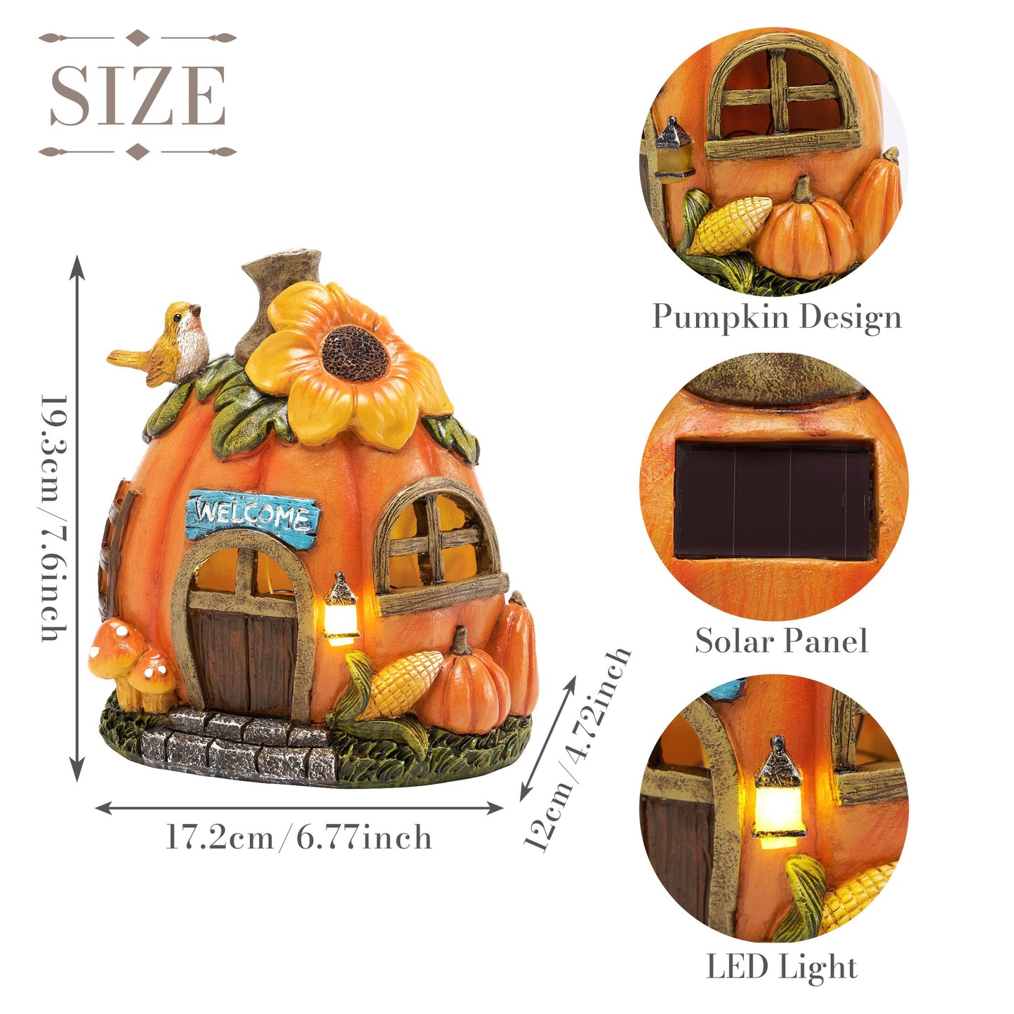 TERESAS COLLECTIONS Pumpkin Fairy House with Solar Lights, 7.6in Waterproof Resin Fall Decor, Orange