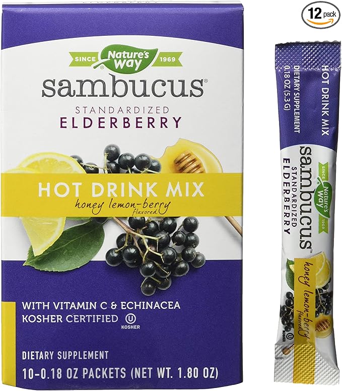 Nature's Way Nature's Way Sambucus Soothing Elderberry Hot Drink Mix, with Vitamin C & Echinacea, 10 Count, Honey Lemon-Berry Flavored, 10 Count (Pack of 12)