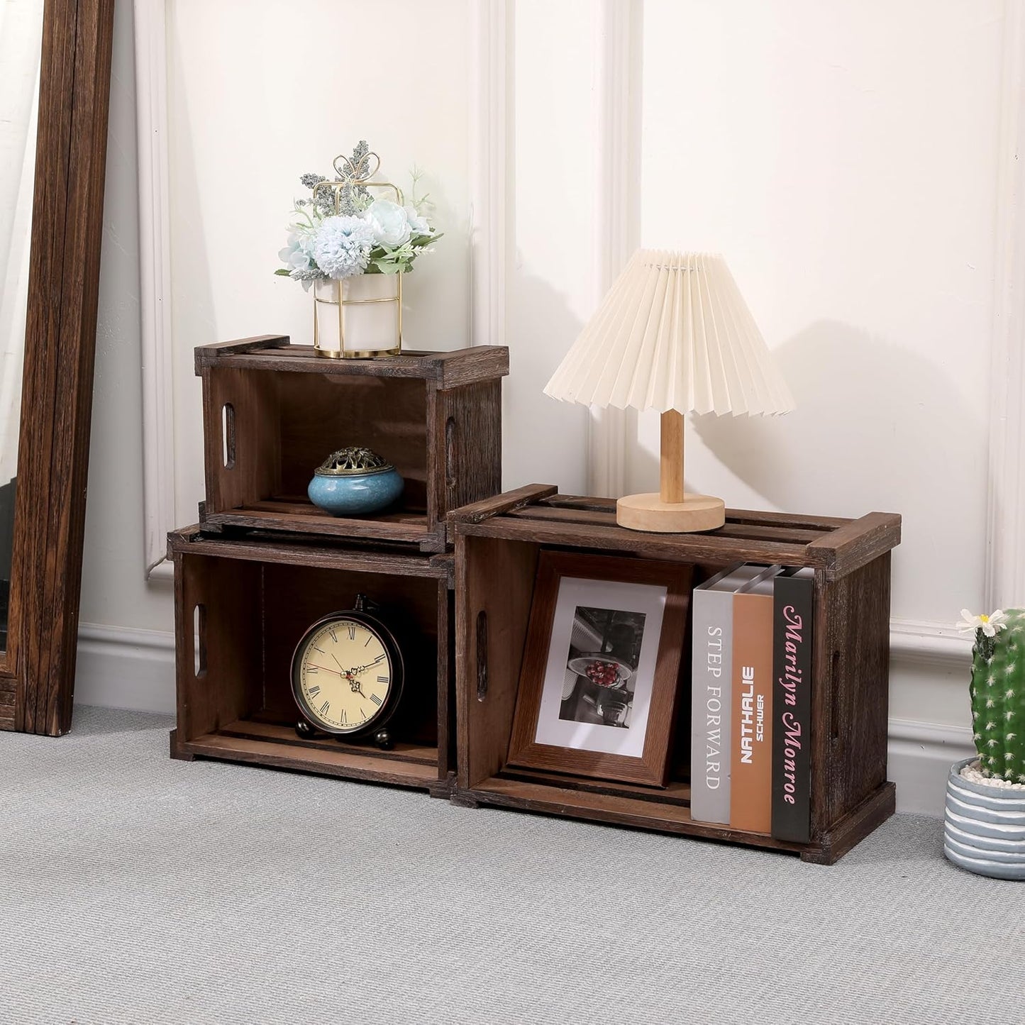 Large Vintage Brown Wooden Crates Set of 3, Rustic Handmade Wood Boxes for Storage or Display, Solid Wood Decorative Boxes