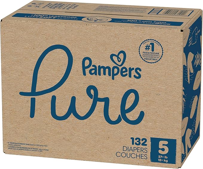 Pampers Pure Protection Baby Diapers, Size 5 (27+ lbs), 132 Count, Up to 100% Leakproof, Premium Plant-based Skin Protection, Hypoallergenic Soft Diapers