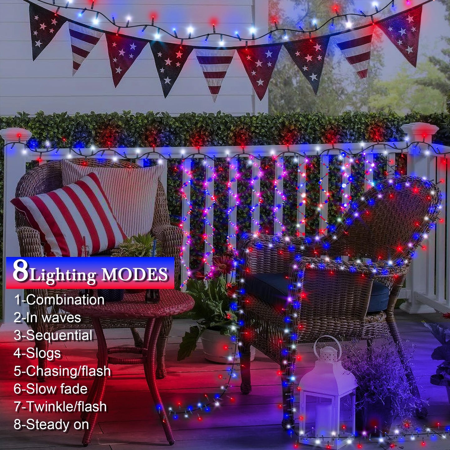 kemooie 500 LED Outdoor String Lights, Waterproof, 8 Modes, Red White Blue, Model HB-500COI