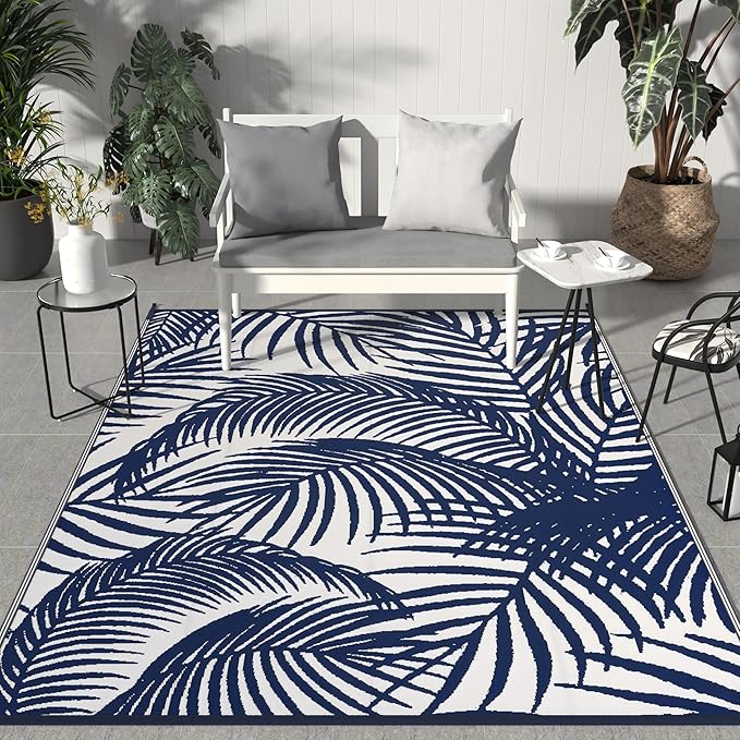 GENIMO Outdoor Rug 9' x 12' Waterproof for Patio Clearance, Reversible Plastic Straw Camping Carpet, Lightweight Mats for Rv, Backyard, Deck, Porch, Picnic, Beach, Balcony, Blue & White