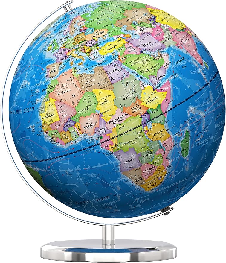 Illuminated World Globe with Stand, 13" Earth Globes with Stable Heavy Metal Base for Kids Classroom Learning, LED Constellation Globe Night Light with HD Printed Map