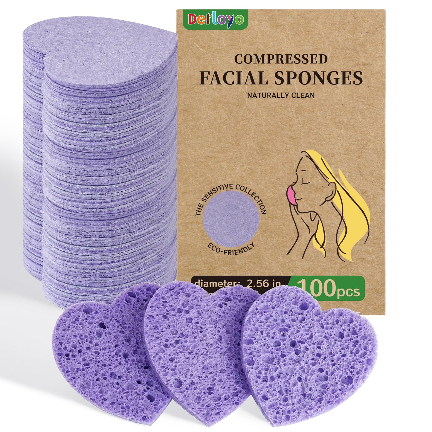 100-Count Compressed Facial Sponges, Heart Shape Face Sponge for Cleansing, Natural Cosmetic Spa Sponges for Facial Cleansing, E