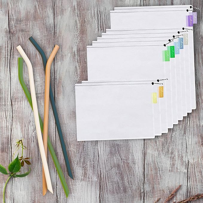 purifyou Essentials Bundle: Reusable produce bags (Set of 9) and extra-long silicone straws with case (Set of 4) – perfect for groceries, beach trips, and drinks.
