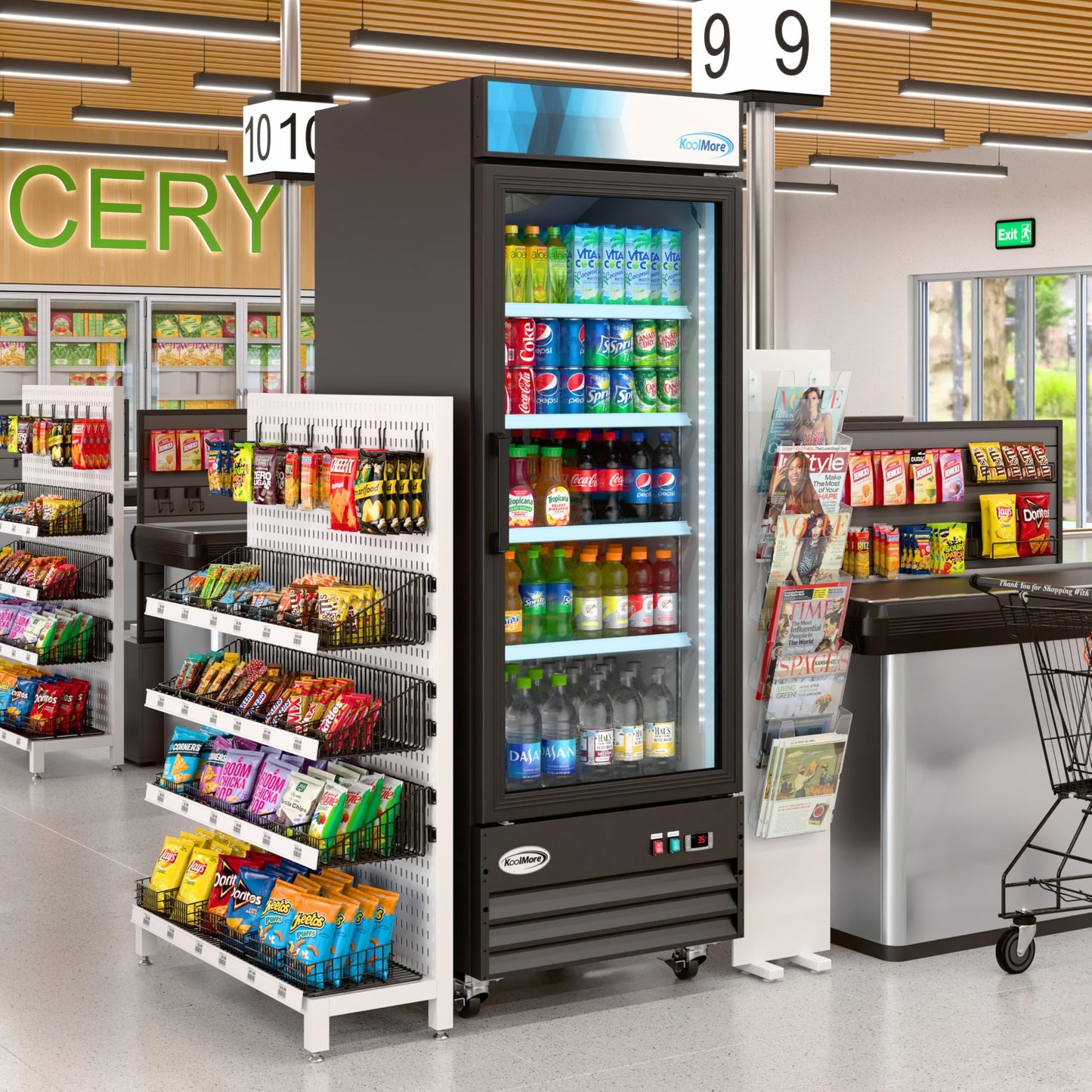 KoolMore MDR-1GD-23C Commercial Glass 1 Door Display Refrigerator Merchandiser - Upright Beverage Cooler with LED Lighting - 23 Cu. Ft., Black