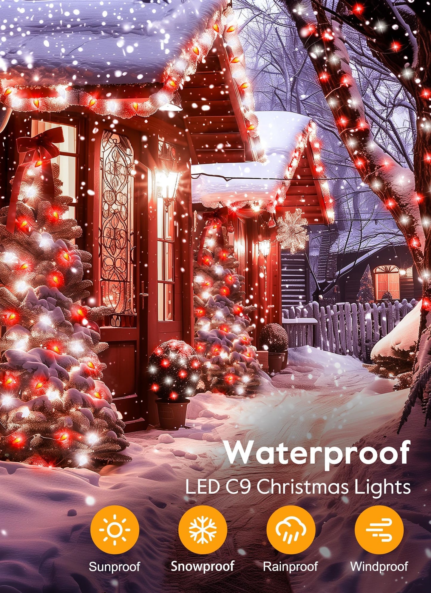 C9 Christmas Lights Outdoor Waterproof  114 Feet 150 Led C9 String Light With Timer & 8 Light Mode  Connectable Christmas Tree Lights For House Outside Roofline Indoor Decoration  Red & Pure White