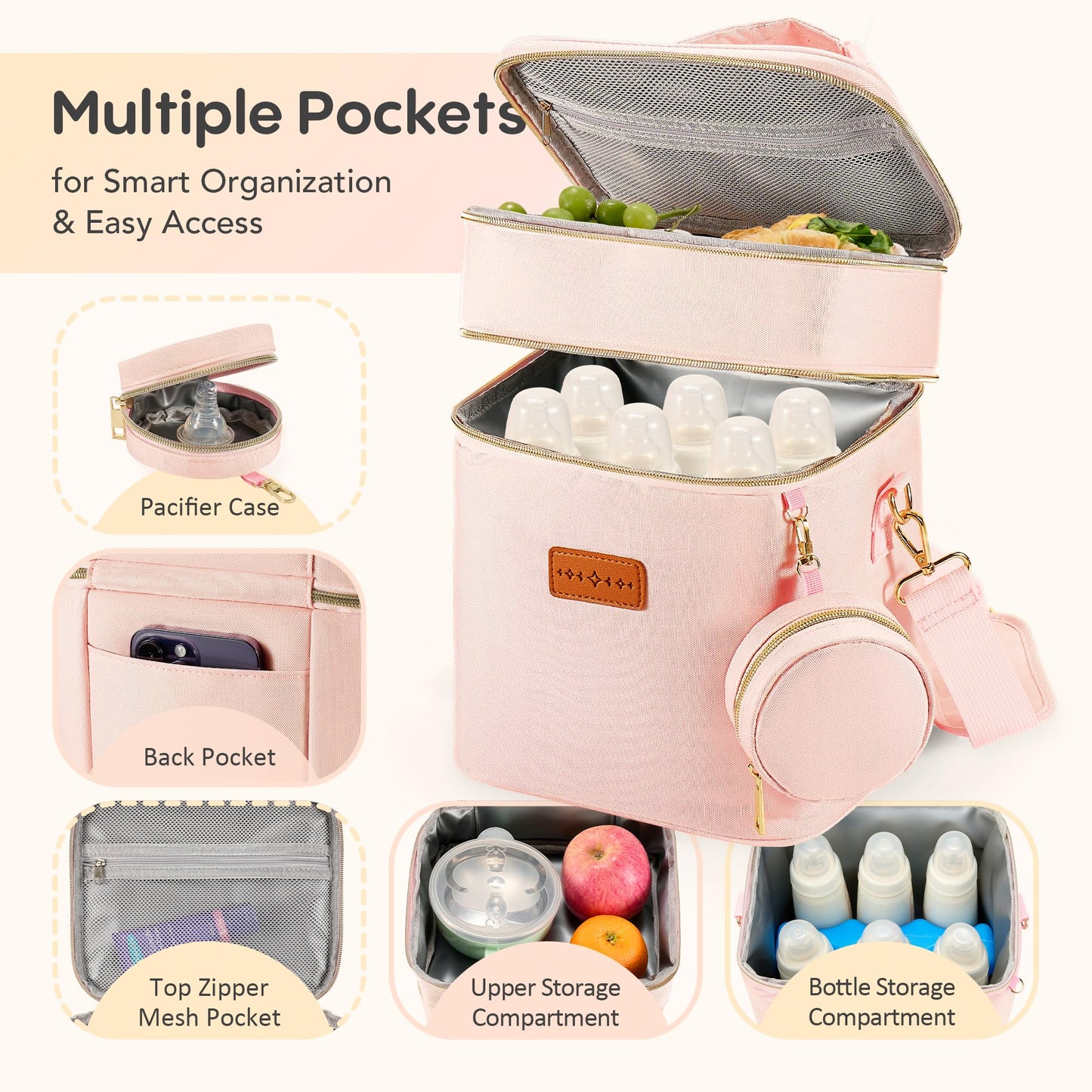 Breastmilk Cooler Bag with Ice Pack & Pacifier Case, Fits 6 Bottles up to 9 oz, Double Layer Insulated Baby Bottle Bag for Working Nursing Moms Gift Set,Pink