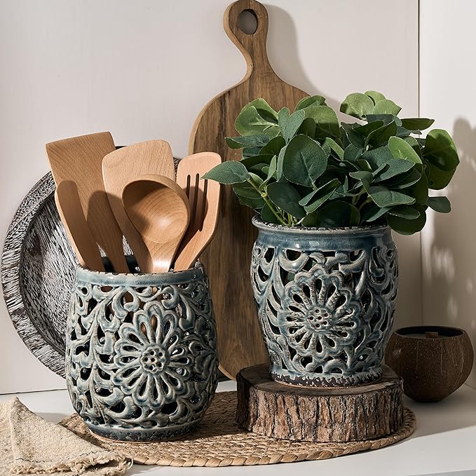 Farmhouse Kitchen Utensil Holder for Kitchen Counter, Ceramic Large Cooking Utensil Crock with Cork Mat, Countertop Cooking Tool Spatula Organizer, Antique Grayish Blue