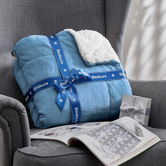 Bedsure GentleSoft Sherpa Fleece Blankets Queen Size for Bed - Thick and Warm, Soft Fuzzy Plush Queen Blanket for Winter, Washed Blue, 90x90 Inches