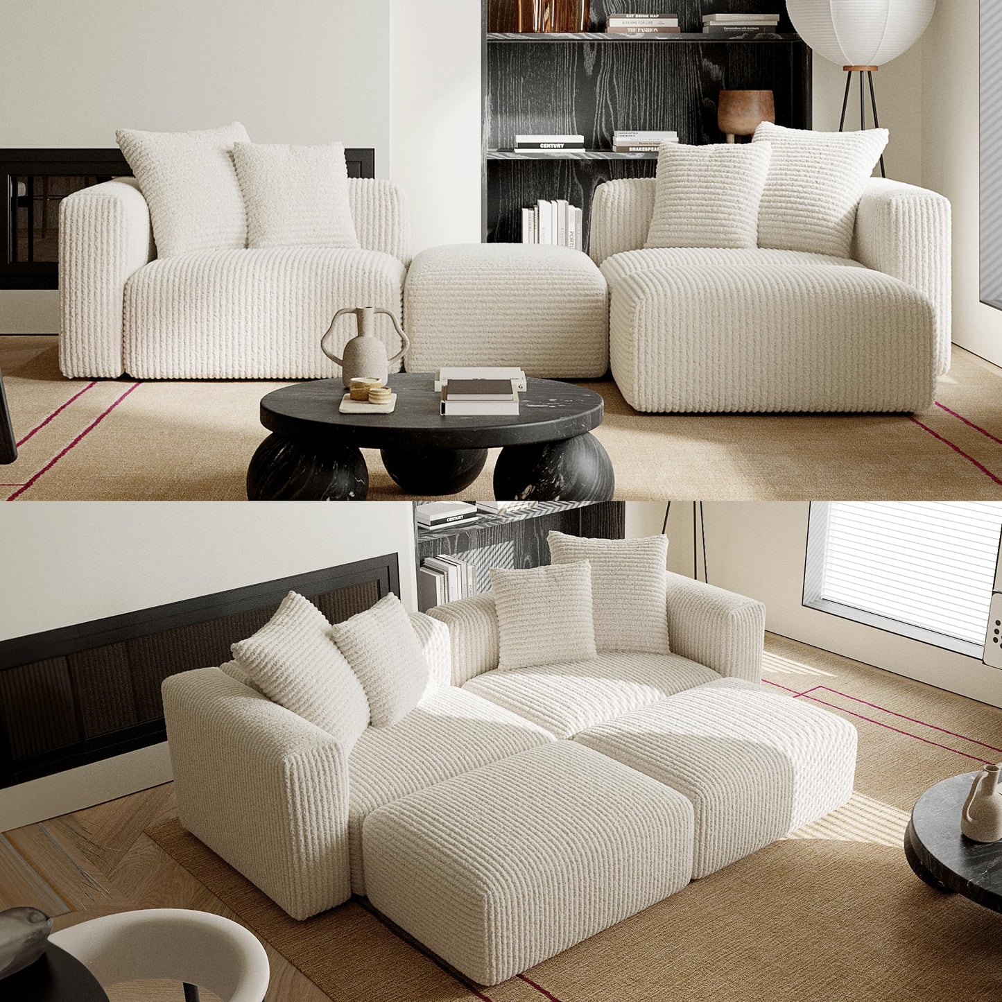 Acanva Corduroy Convertible Modular L Shaped Sectional Sofa, 4 Seater Free Combination Corner Couch, Convertible to DayBed, Wide Loveseat with Moveable Ottomans for Small Spaces, Sleeper Bed, White