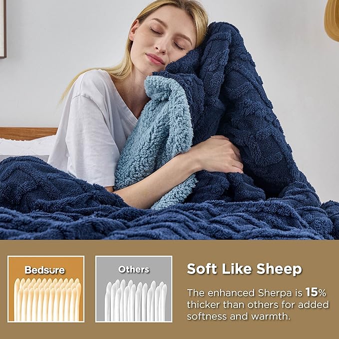 Bedsure Sherpa Fleece Throw Blanket for Couch - GentleSoft Fluffy & Cozy Cable Jacquard Tufted Throw for Women Gift, Thick and Warm Blankets for Winter, Navy, 50x60 Inches