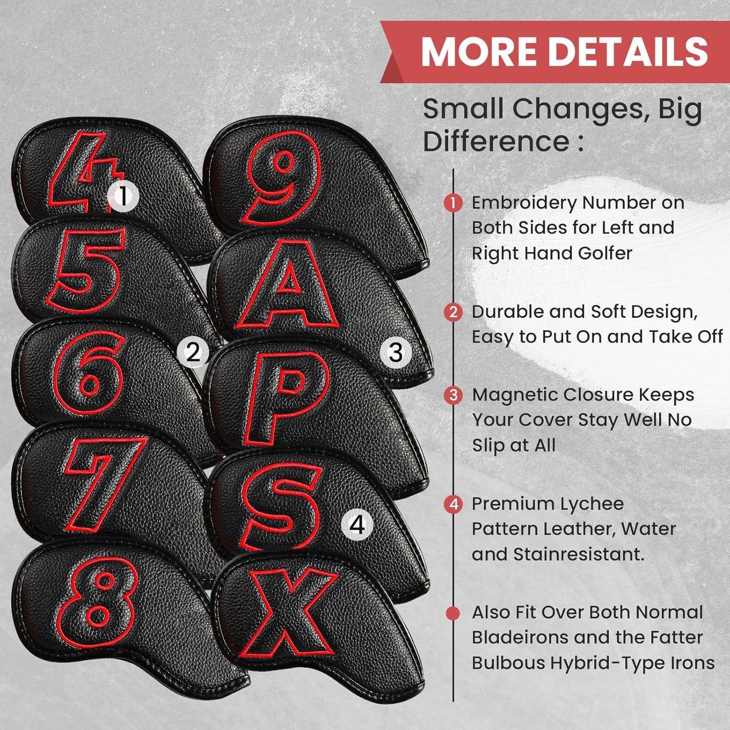 Golf Iron Covers Set Strong Magnetic Closure Value 10 Pack, Double Side Number Synthetic Leather Deluxe Club Headcover, Universal Head Cover Fit Main Irons Clubs for Women Men