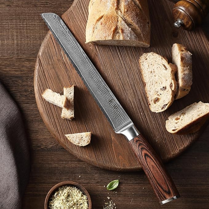 Wakoli EDIB Damascus Bread Knife – 9.1-Inch Long Serrated Blade | Japanese Style Kitchen Knife Made from 67-Layer Damascus Steel with VG10 Core | Ergonomic Pakkawood Handle | Premium Knife in Gift Box