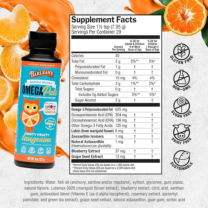Barlean's Omega Pals Eye Health Liquid, Tangerine Flavored Omega 3 for Kids, Fish Oil Supplement with 500 mg of EPA & DHA Plus Lutein & Zeaxanthin Vitamins for Blue Light Support, 8 oz