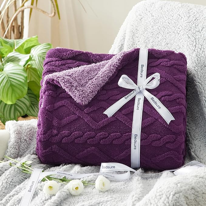 Bedsure Sherpa Queen Size Blanket for Bed - GentleSoft Fleece Fluffy & Cozy Cable Jacquard Tufted for Women Gift, Thick and Warm Blankets for Winter, Purple, 90x90 Inches